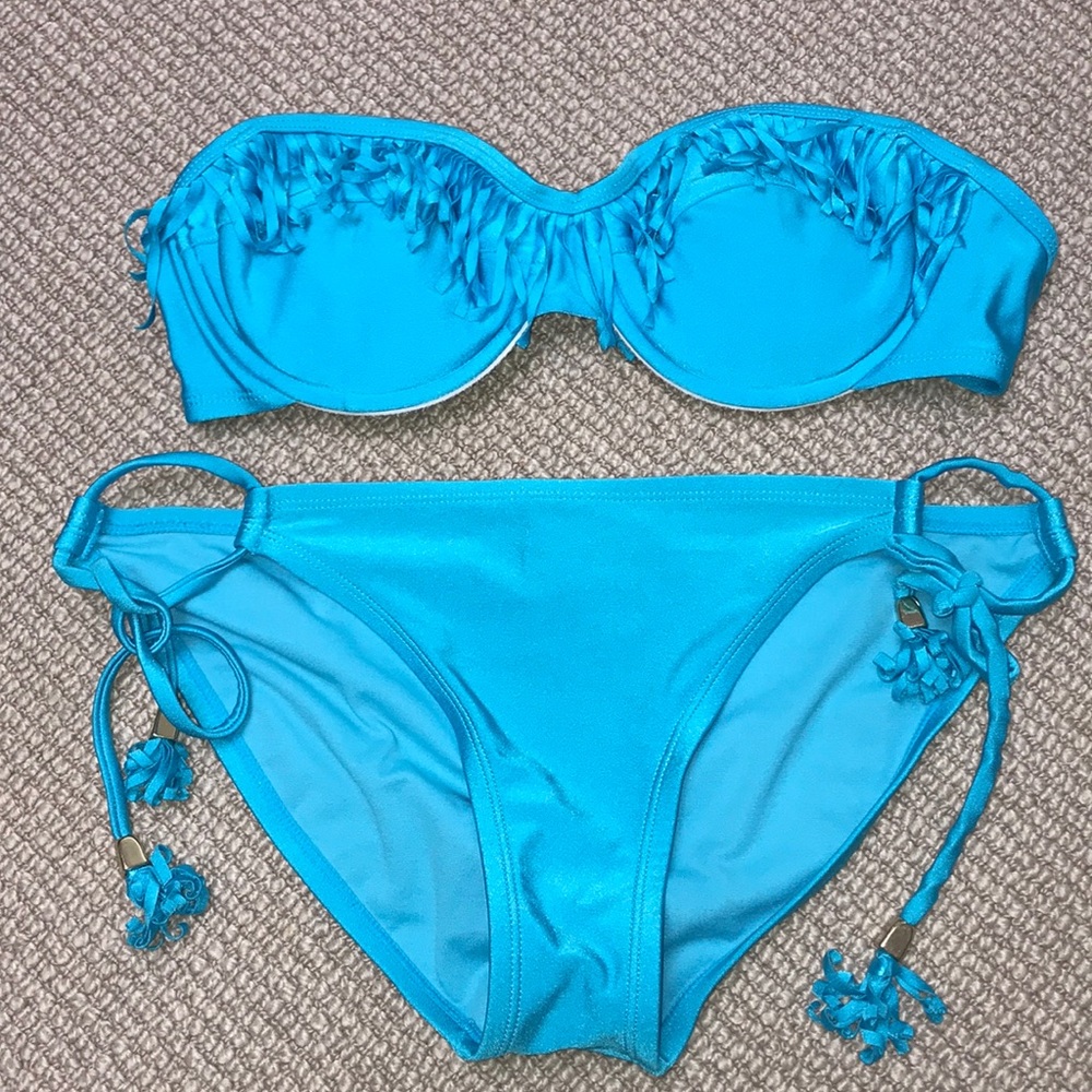 Bright blue strapless bikini with fringe